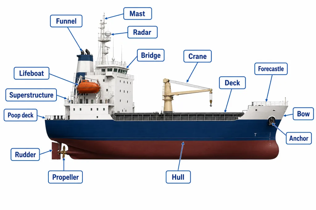 Схема частин судна з підписами Funnel, Mast, Bridge, Crane, Deck, Hull, Anchor та інших англійською